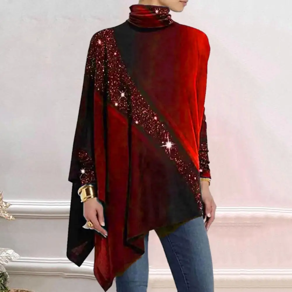 

Women Spring Fall Top High Collar Long Sleeve Irregular Hem Shirt Sequin Colorblock Mid Length Pullover Lady Commute Blouse