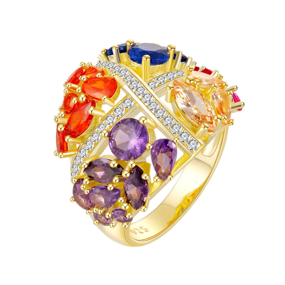 

Fashionable and Versatile New Product with Color Diamonds Exaggerated Design 925 Silver Plated 18k Gold Ring