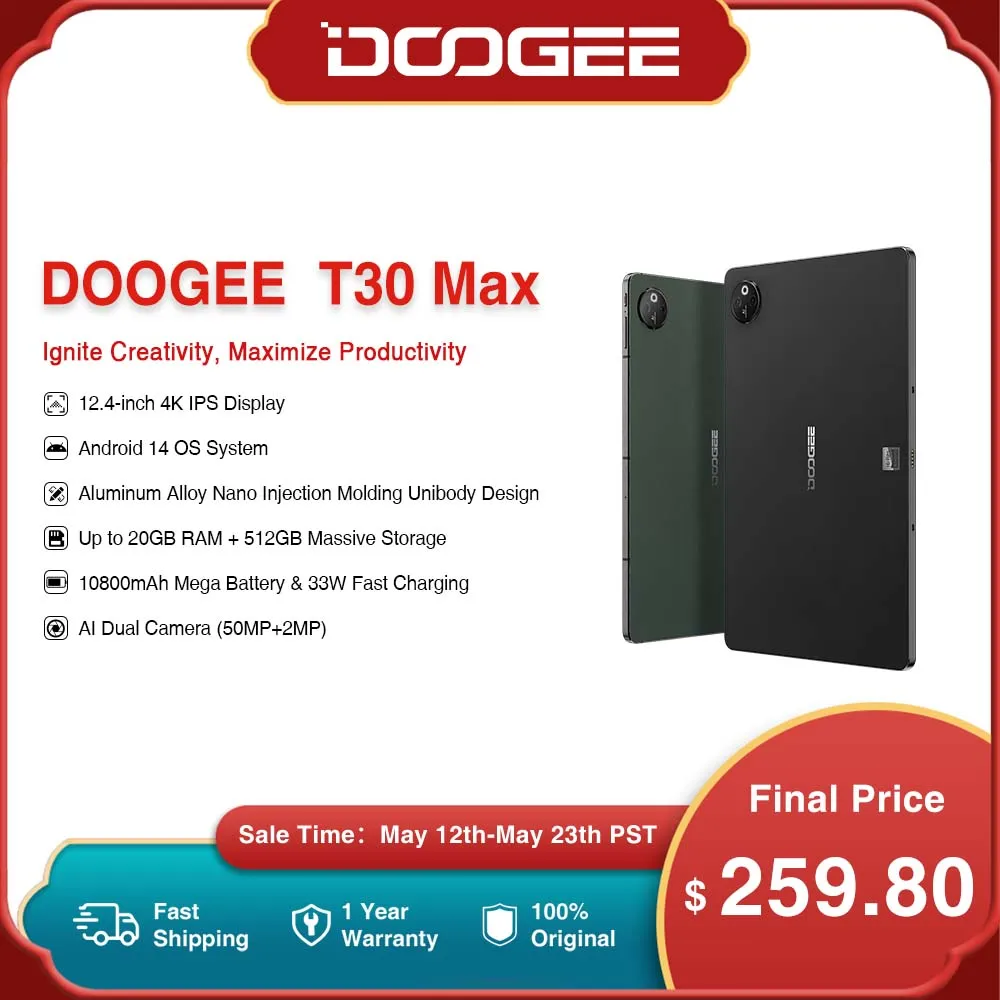 

DOOGEE T30 Max Tablet 12.4" 4K 20GB(8+12) 512GB Android 14 50MP Dual Camera 10800mAh 33W Fast Change Aluminum Alloy Nano Unibody