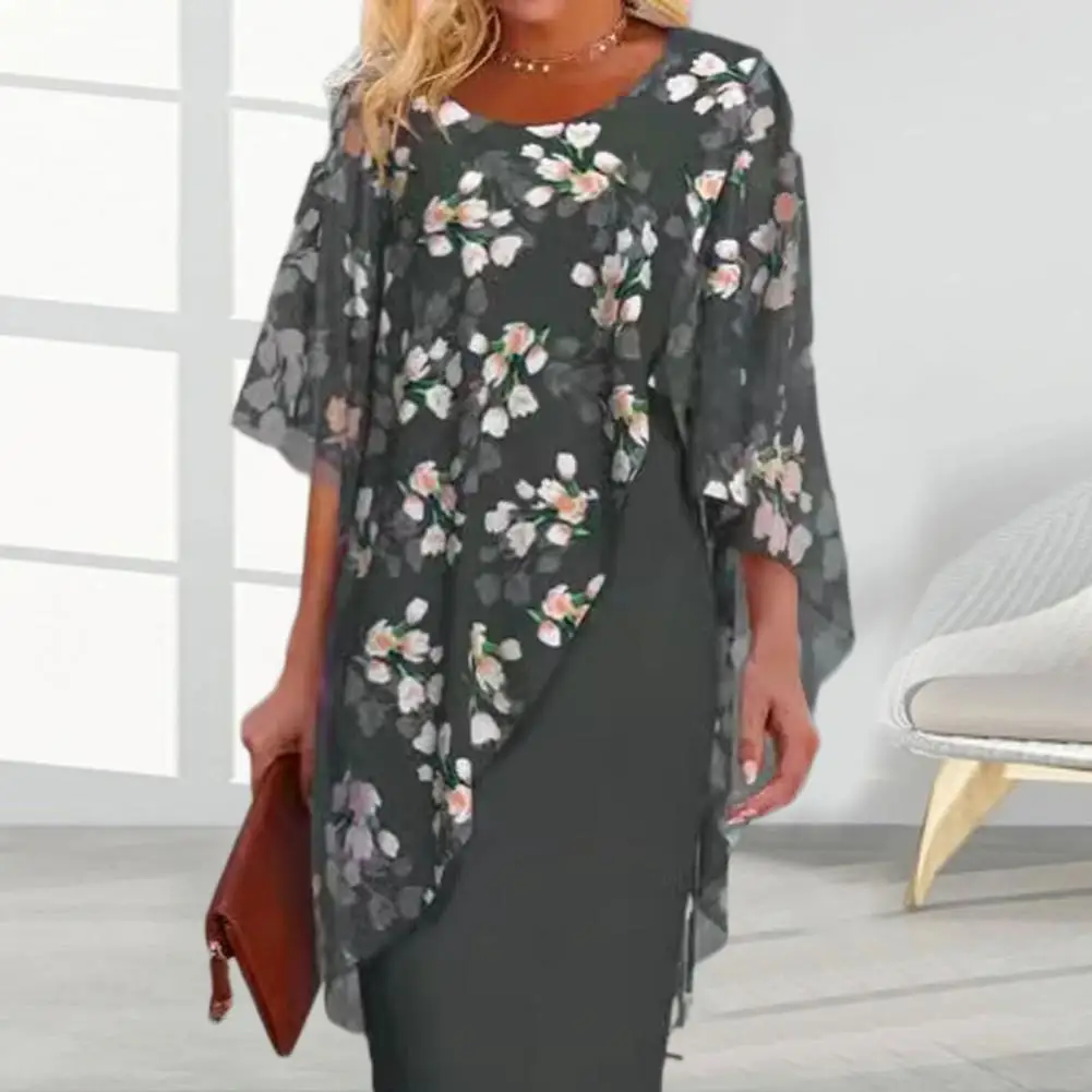 

Lady Commute Dress Elegant Floral Print Chiffon Midi Dress For Women Sheath Style With Half Sleeves Round Neckline For Formal