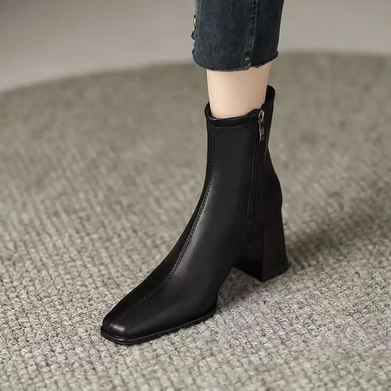 

Elegant PU Zipper Concise Female Design Ankle Boots Women Wood Grain Pattern Square Heel Short Plush Warm Lady Footwear Shoes