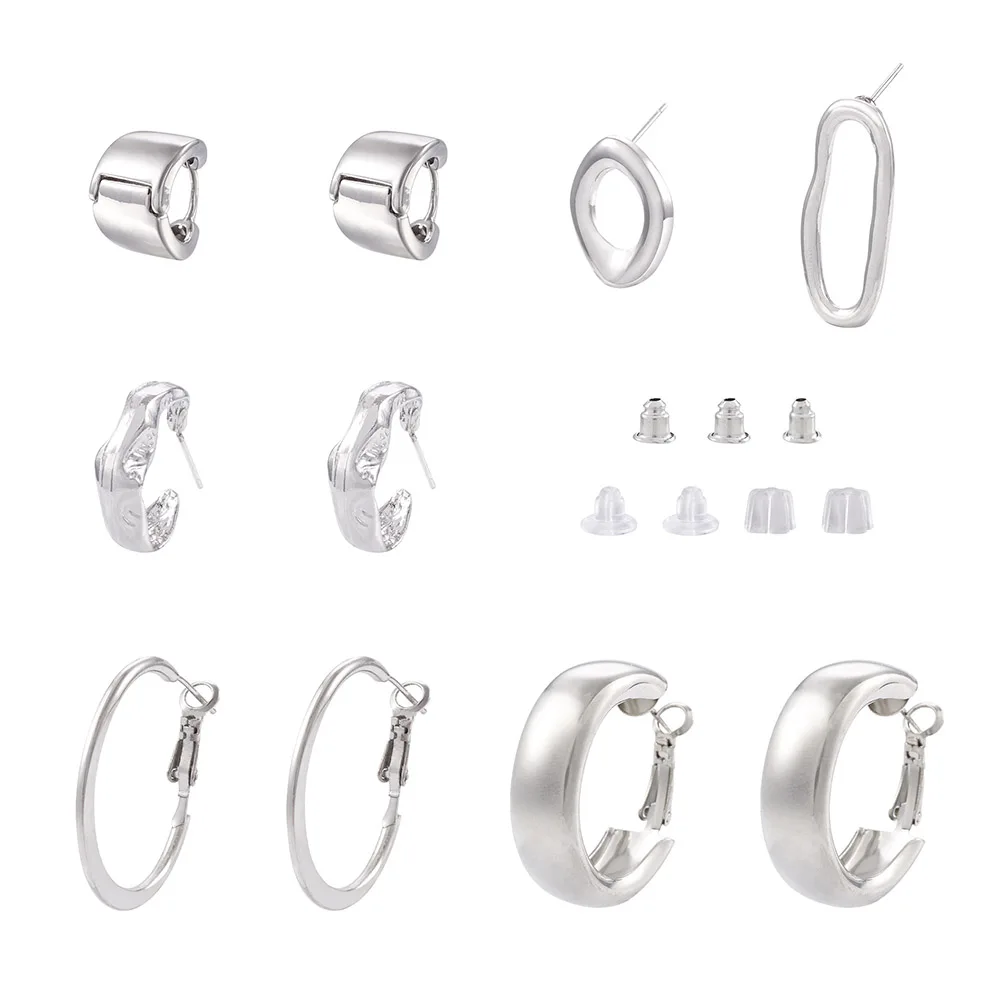 

5Pairs Silver Color Metal Stud Earrings Hoop Earrings for Women Girls Geometric Oval Round Circle Earring Jewelry Set