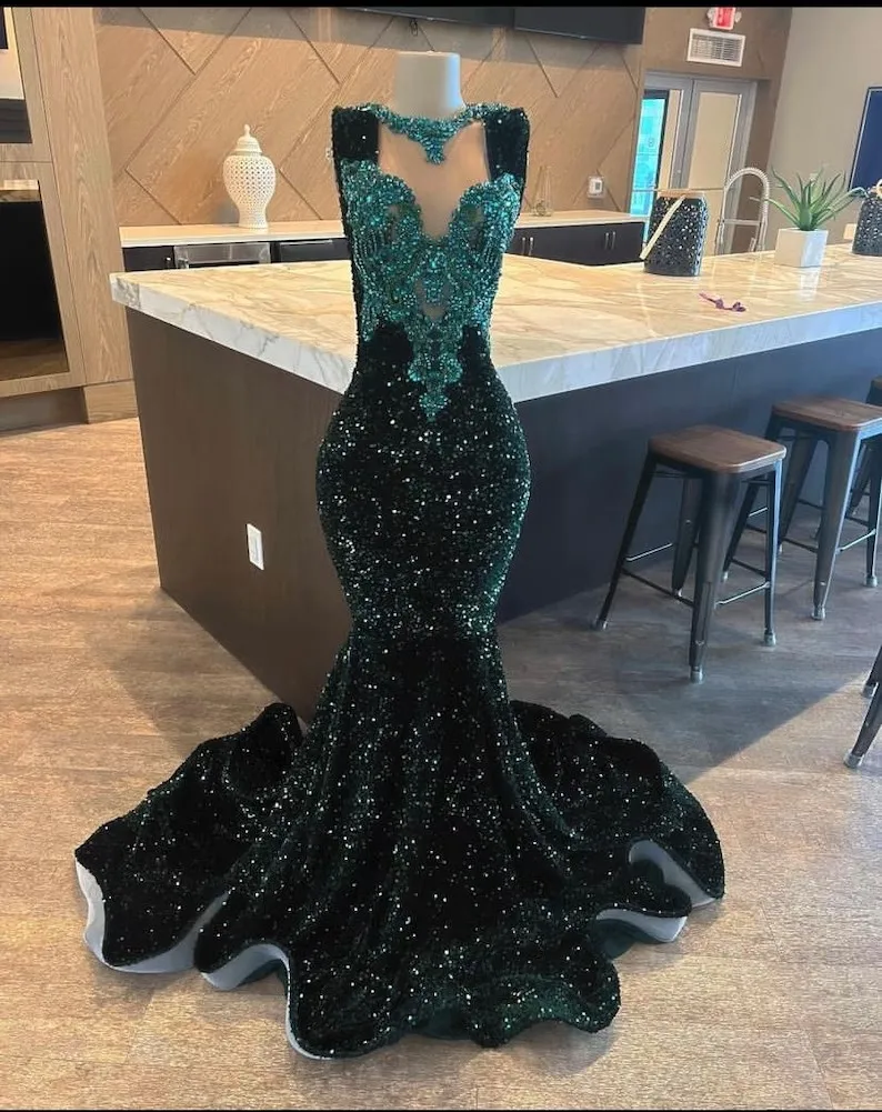 

Green African American Prom Dresses Mermaid Sheer Sequins Beaded Crystals Black Girls Nigeria Robe De Soiree Evening Dress Gown