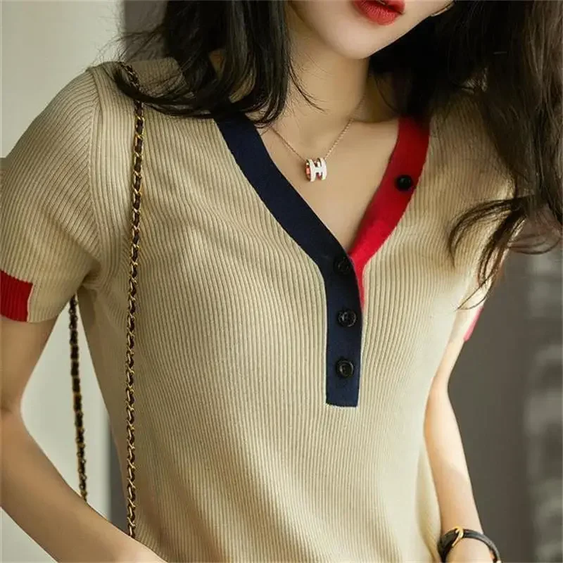 

Fashion Printed V-Neck Spliced Button All-match Blouse Women's Clothing 2024 Spring New Casual Pullovers Loose Korean Shirt