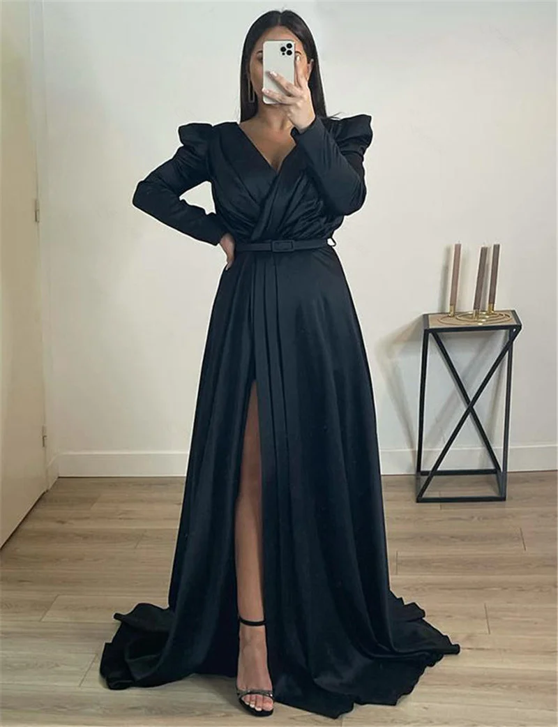 V-Neck Saudi Arabia Evening Gown Custom Made Formal Party Dress Long Sleeves Satin Simple Ruched High Split Prom Dresses
V-Neck Saudi Arabia Evening Gown Custom Made Formal Party Dress Long Sleeves Satin Simple Ruched High Split Prom Dresses
