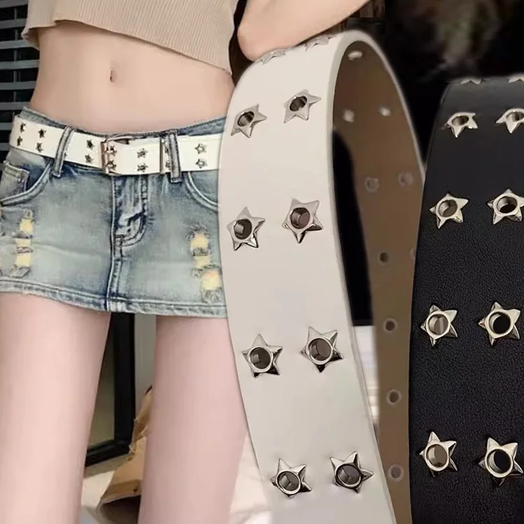 

Fashion Women Gothic Punk Star Belt Adjustable Black DoubleSingle Eyelet Grommet Metal Buckle Leather Men Waistband for Jeans