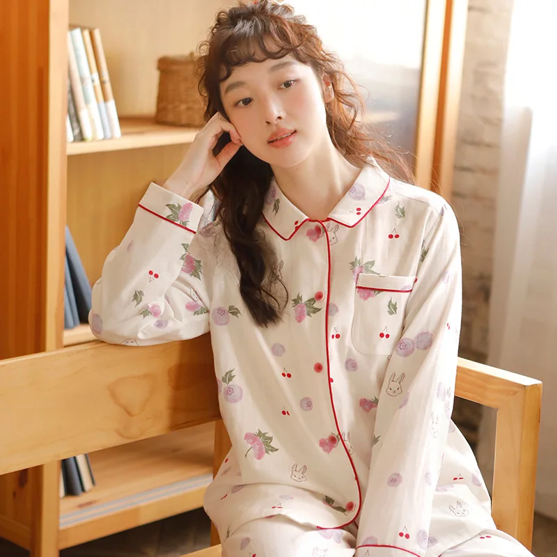 

Fashion Soft 100% Cotton Pajama Sets For Women Printed Sleepwear Spring Autumn Female Nightwear Home Pyjamas