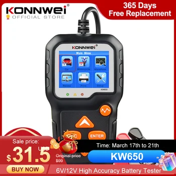 KONNWEI KW650 자동차 오토바이 배터리 테스터 12V 6V 배터리 시스템 분석기 2000CCA 자동차 용 크랭킹 테스트 도구 충전