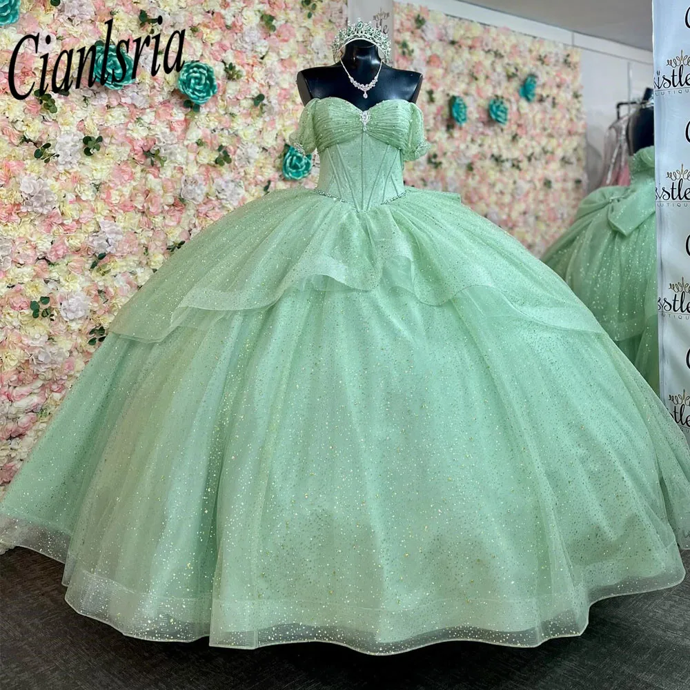 Sage Green Off The Shoulder Ruffles Bow Ball Gown Quinceanera Dress Glitter Crystal Beading Corset Sweet 15 Vestidos De XV Años
Sage Green Off The Shoulder Ruffles Bow Ball Gown Quinceanera Dress Glitter Crystal Beading Corset Sweet 15 Vestidos De XV Años