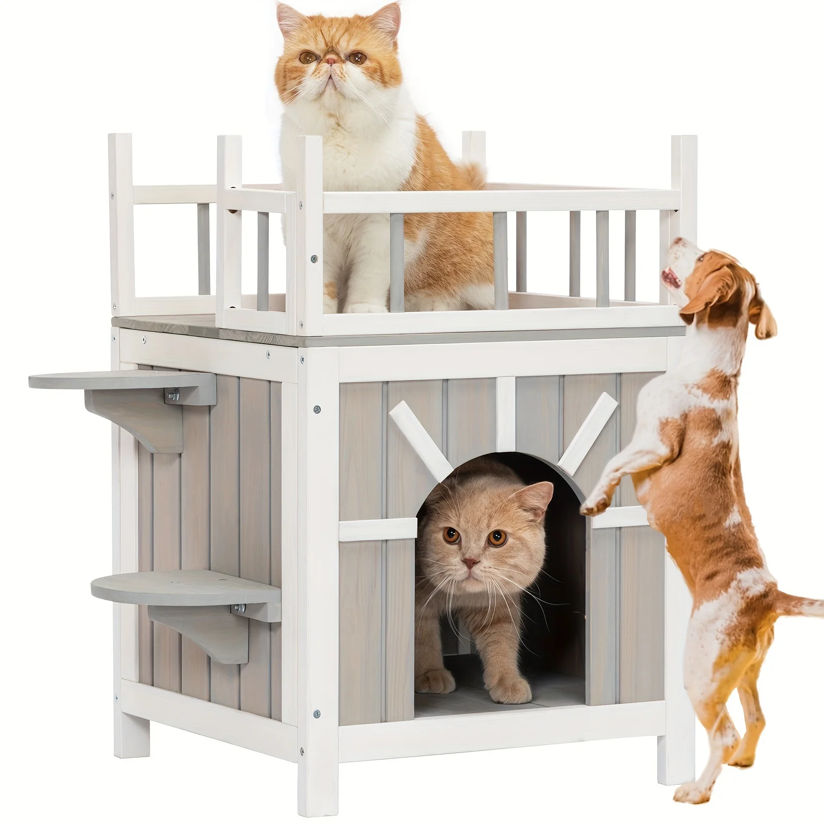 

Pets Fit Cat House, Cat Condos, Cat Feeding Station For Outdoor Indoor Cats Kittens, 2 Story Wood Feral Cat Shelter Cage Weather