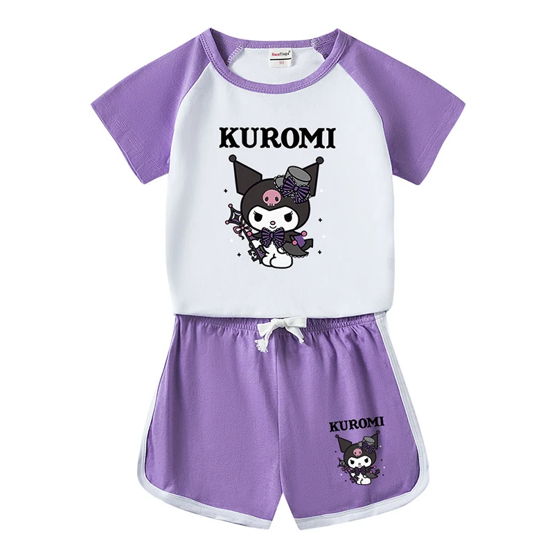 

Sanrio Kawaii Kuromi Clothes Girls Anime Short-Sleeved T-Shirts Summer Cute Cartoon Print Babys Tops Thin Two Piece Set Kid Gift