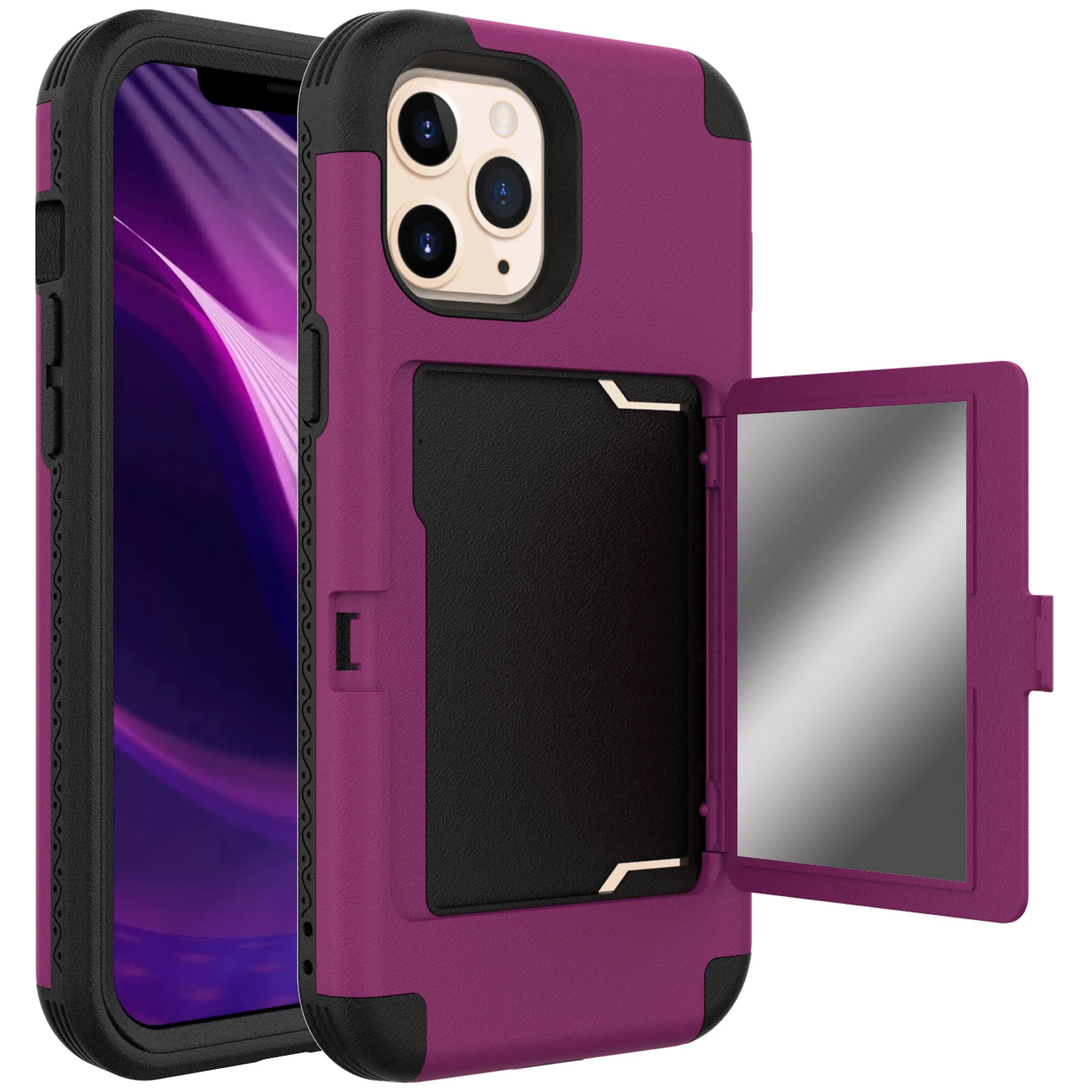 

Shockproof Hidden Card Holder Mirror Case For iPhone 15 Pro Max 14 13 12 11, Triple Layer Hybrid Heavy Duty Kickstand Cover