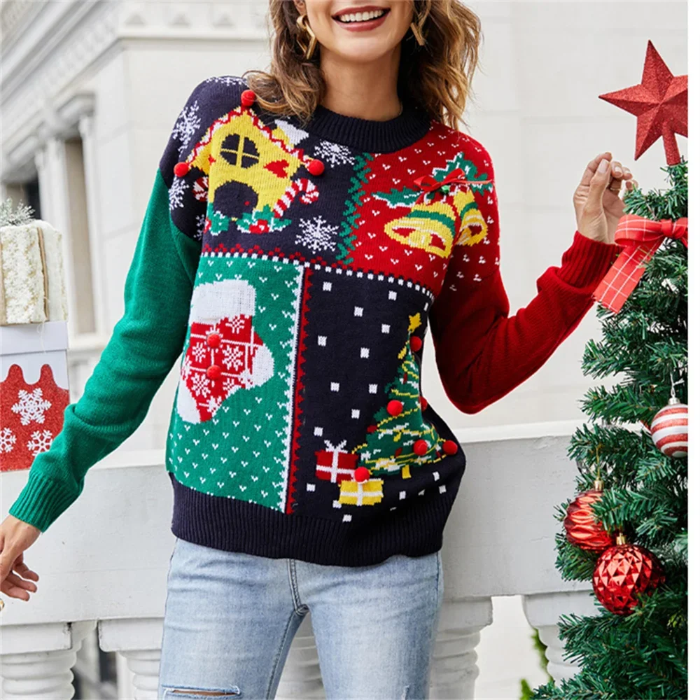 

Patchwork Jacquard Christmas Sweater Pullover Festival Knitted Top Sweaters Trend Women 2023 Jersey Jumper Autumn Winter Outfits