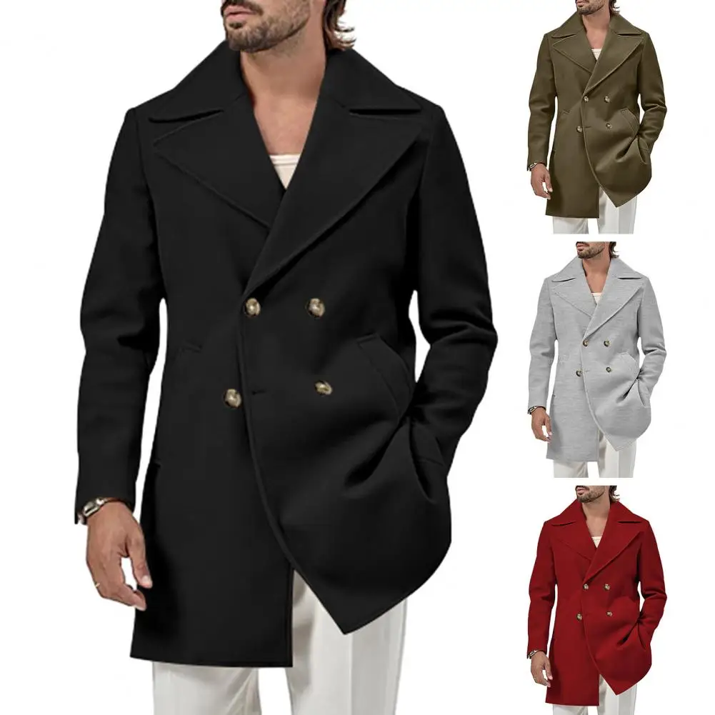 

Официальное женское двубортное мужское зимнее пальто средней длины с теплыми карманами и отложным воротником однотонного цвета для осени