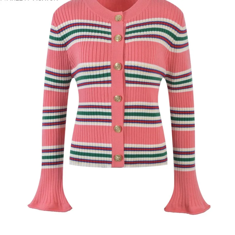 Elegant Knit Top Stylish Color Long Trumpet Sleeve Block Strips Round Collar Women Single Breasted Cardigan
Elegant Knit Top Stylish Color Long Trumpet Sleeve Block Strips Round Collar Women Single Breasted Cardigan