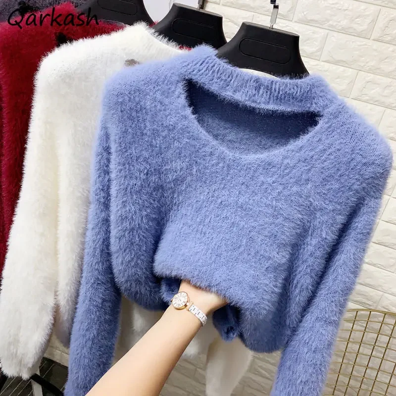 

Свитер с круглым вырезом, пуловеры, женские пуловеры с вырезами, однотонные, уютные зимние базовые теплые вязаные свитера в Корейском стиле