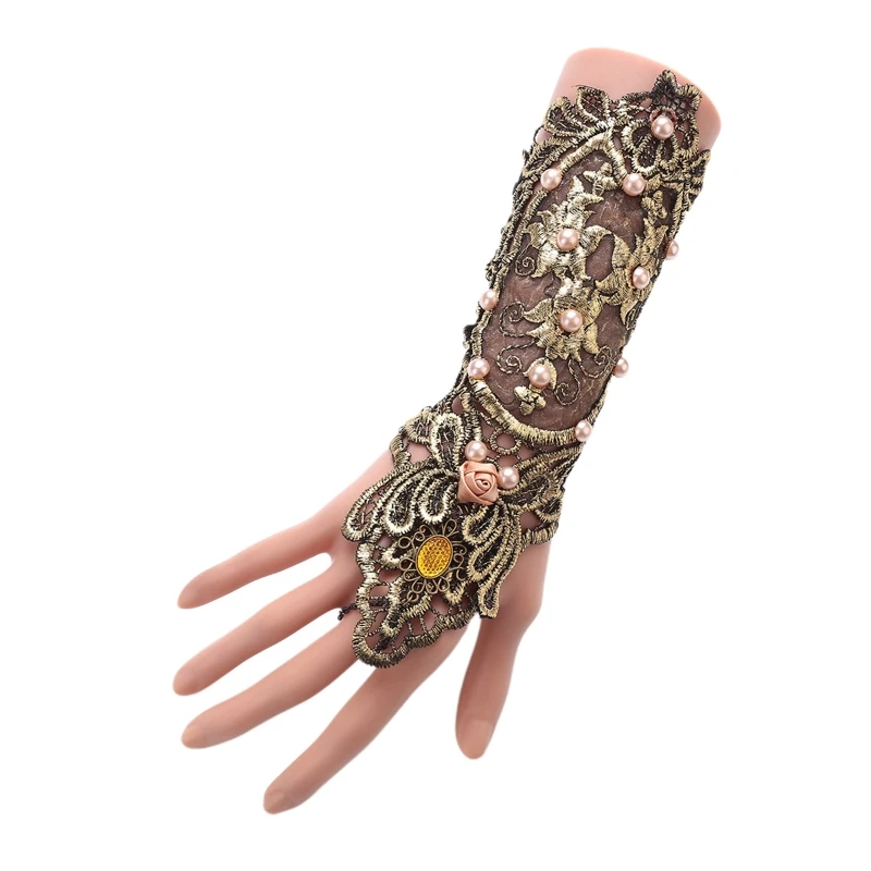 

Gothic Lace Fingerless Glove Lace Cuff Fingerless Lace Gloves Steampunk Wristband Ring Gold Color Gift for Engagement