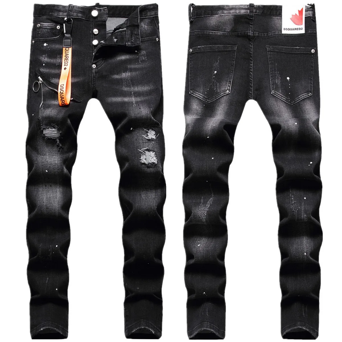 

Hipster Fashion black gray stretch paint dot decorated zipper lanyard ripped patch jeans for men