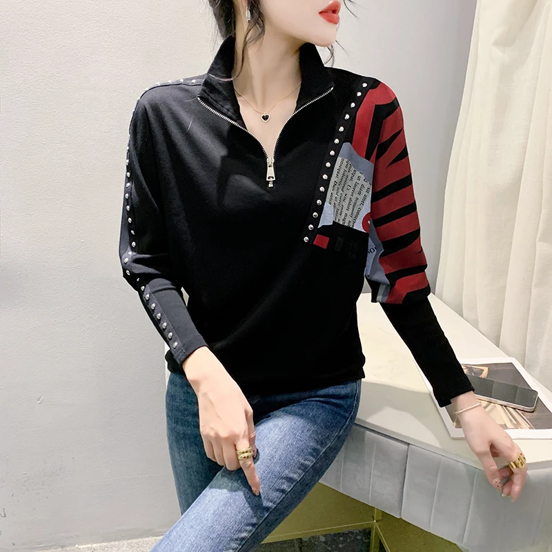 2023 Fall Winter European Clothes Loose T-Shirt Sexy Zipper Print Shiny Rivet Women Tops Long Sleeve Pullover Casual Tees 30075
2023 Fall Winter European Clothes Loose T-Shirt Sexy Zipper Print Shiny Rivet Women Tops Long Sleeve Pullover Casual Tees 30075