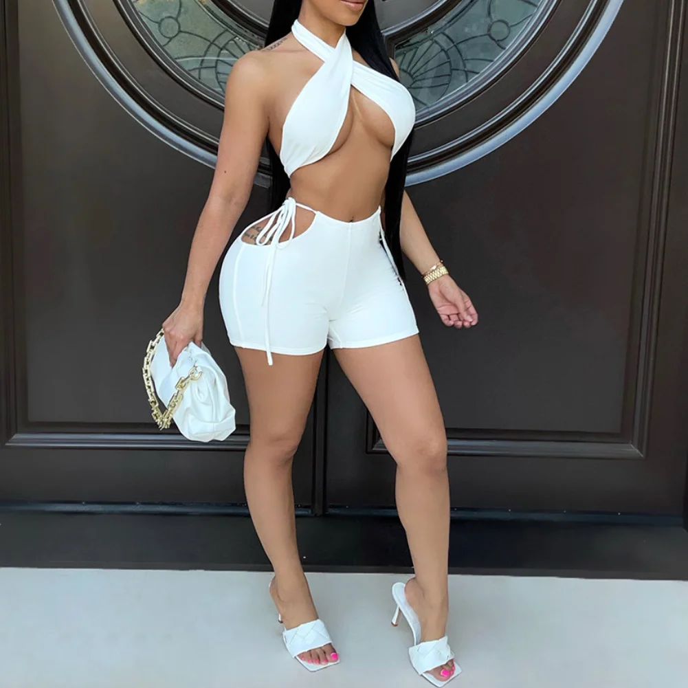 

Two Piece Sets for Women Ruched Bandage Criss Cross Solid Women 2024 Spring Backless Club Crop Top and Shorts Matching Set