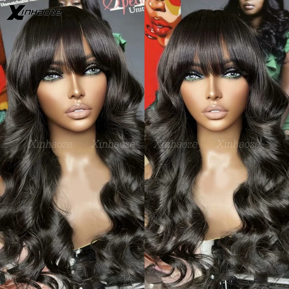 

Body Wave Wig With Fringe Bangs Remy Brazilian Silk Base Lace Front Human Hair Wig Long Natural Wavy 13x6 Lace Wigs For Women