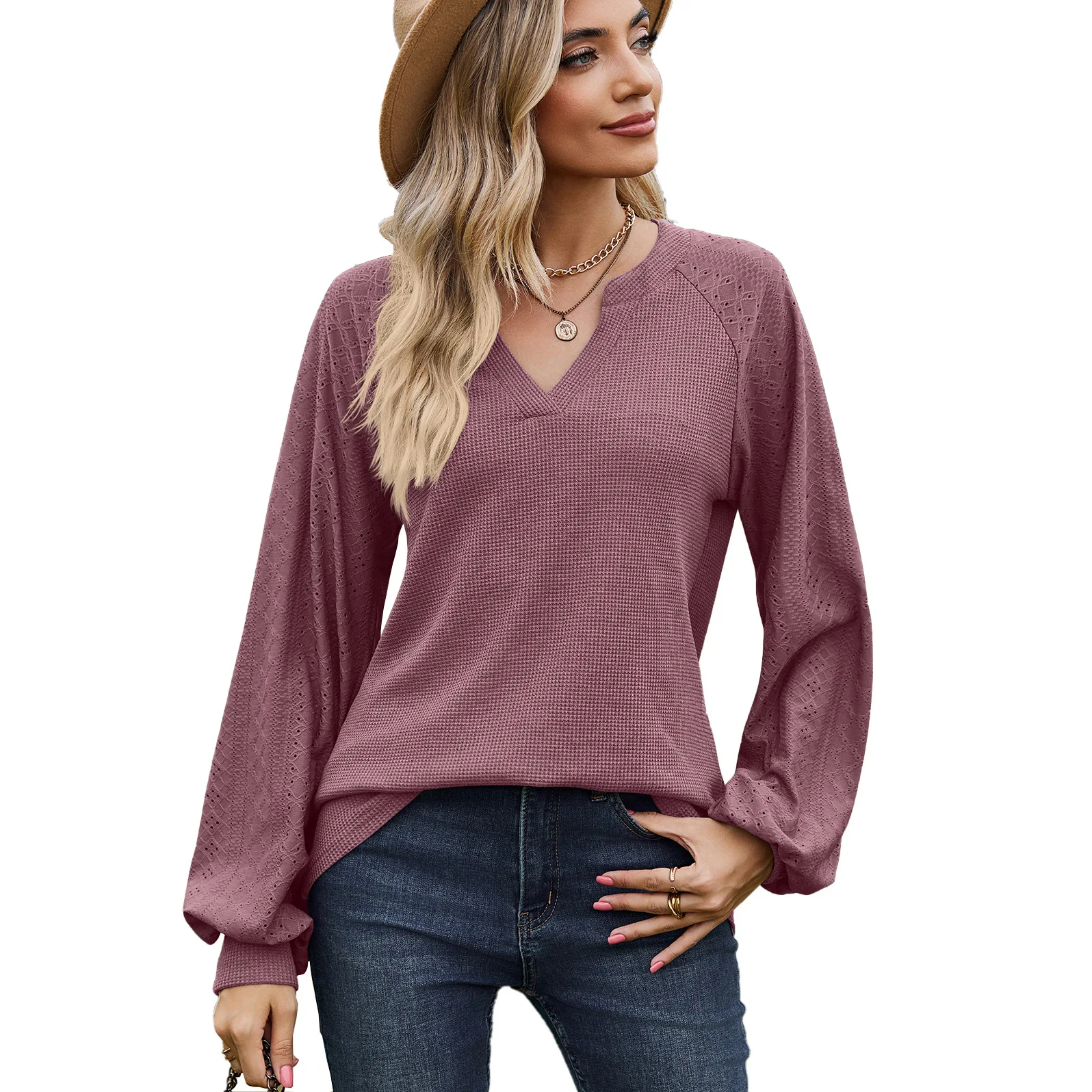 

2023 Autumn/Winter New Fashion Commuting Solid Color Spliced V-Neck Loose Relaxed Comfortable Versatile Long Sleeve T-shirt