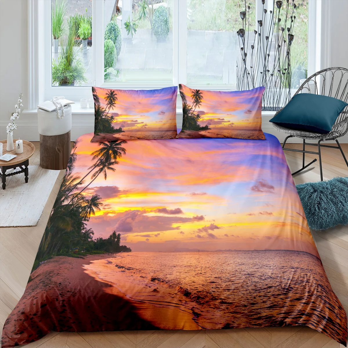 

Ocean Beach King Queen Duvet Cover Seaside Sunset Scenery Bedding Set for Kids Teen Adult Sea Coconut Tree Polyester Quilt Cover
