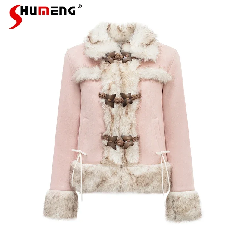 

Новинка 2023, пальто в японском стиле из розовой замши с пуговицами-бабочками и рогами, плюшевое пальто на осень и зиму, толстые теплые пальто, женские пальто