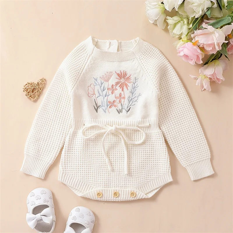 Infant Baby Girl Knit Jumpsuit Flower Embroidery Long Sleeve Drawstring Waist Romper for Autumn
Infant Baby Girl Knit Jumpsuit Flower Embroidery Long Sleeve Drawstring Waist Romper for Autumn