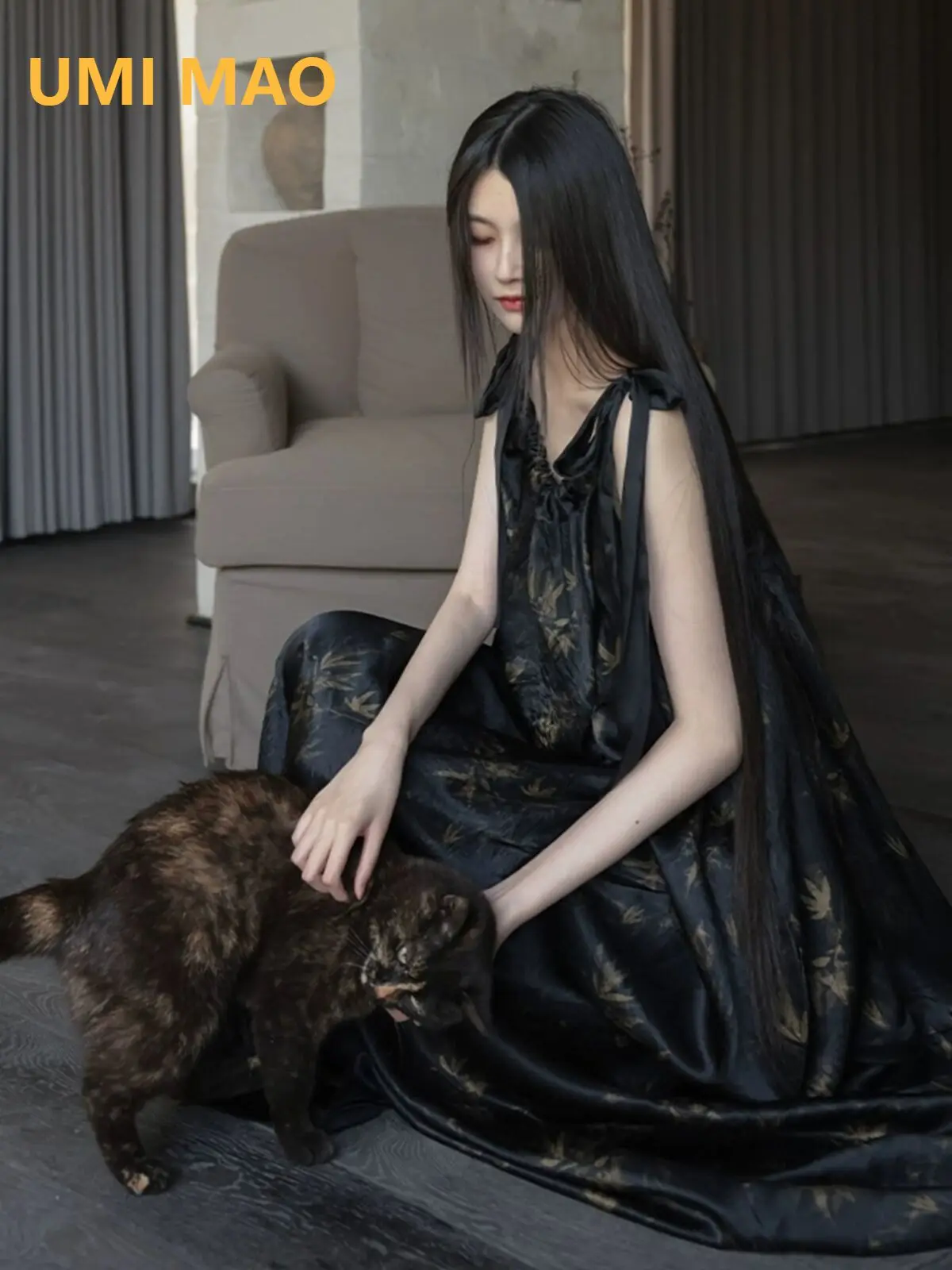 

Длинное платье на шнуровке UMI MAO, Элегантное летнее свободное ацетатное платье с лямкой на шее, черные платья в китайском стиле ретро
