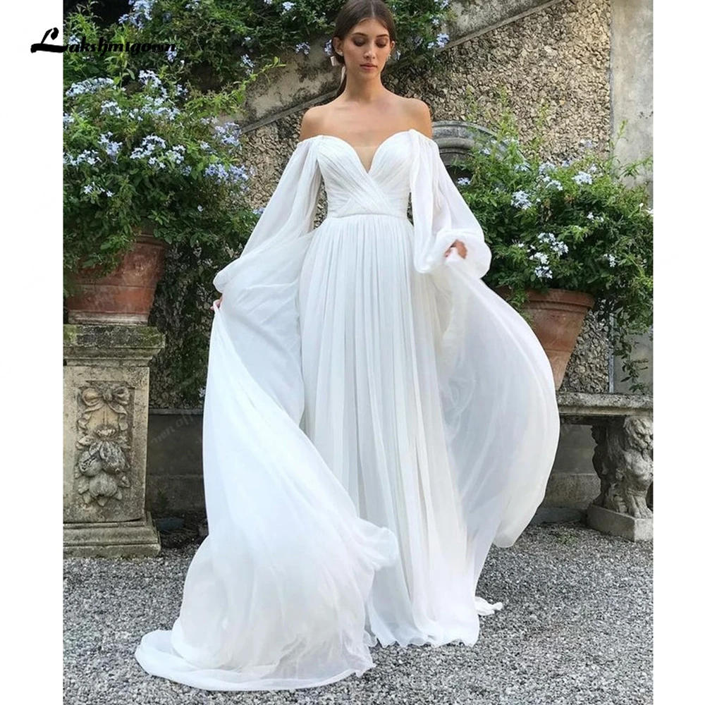 

Lakshmigown Puffy Chiffon Long Sleeve Boho Beach Wedding Dresses 2024 Vestido Vintage A Line Bridal Gowns Backless Boat Neck