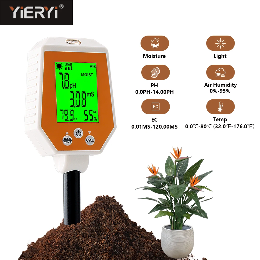 

Yieryi 6-in-1 Soil Tester PH/EC/Moisture/Sunlight/Air Humidity/Temp High Accuracy Conductivity PH Meter for Gardening Farming