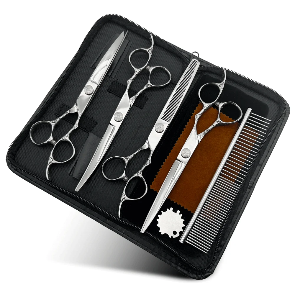 

7.5 Inches Professional Dog Grooming Scissors Set Straight & Thinning & Curved Shears 4pcs In 1 Set (with Comb)