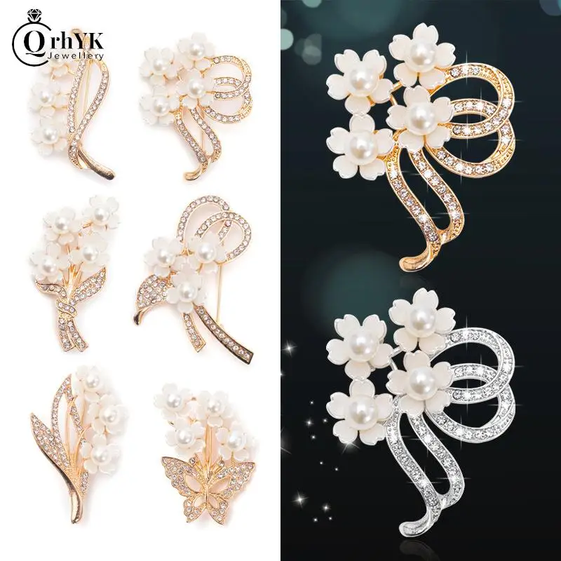 

1PC Vintage Flower Bunch Pearl Rhinestone Brooches For Women Wedding Crystal Bouquet Corsage Clothing Pins Jewelry Accessories