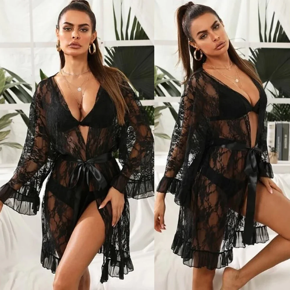 

Women Sexy V Neck Babydoll Nightdress Porn Sleepwear Lace Bathrobes Sex Clothes Ladies Erotic Transparent Mesh Nightgown Robes