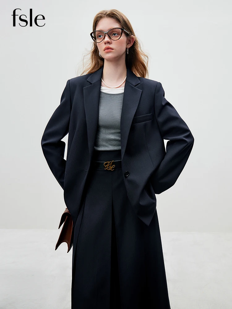 

FSLE 48.6% Wool Temperament Blazer Skirts Suit Black Navy Blue Notched Collar Loose Blazers Single Breasted Coat Skirt Two Set