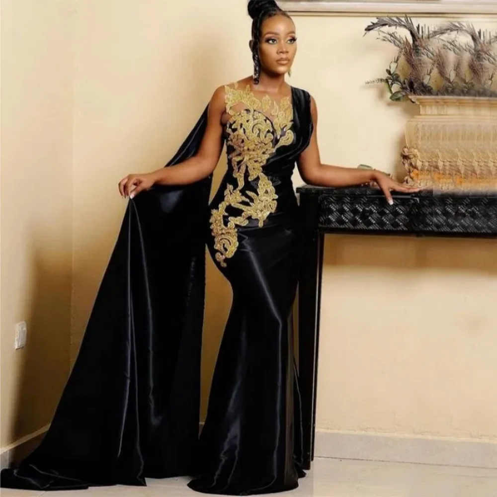 

African Aso Ebi Black Mermaid Appliqued Evening Dresses Sheer Jewel Neck Plus Size Prom Gowns Sweep Train Satin Formal Dress