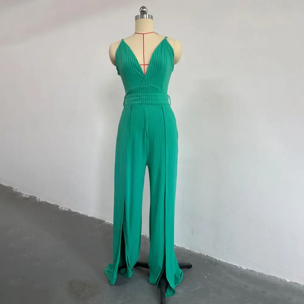 

Office Jumpsuit Elegant V-neck Sleeveless Jumpsuit with Wide Leg Belted Waist for Business Summer Events Stylish Comfortable