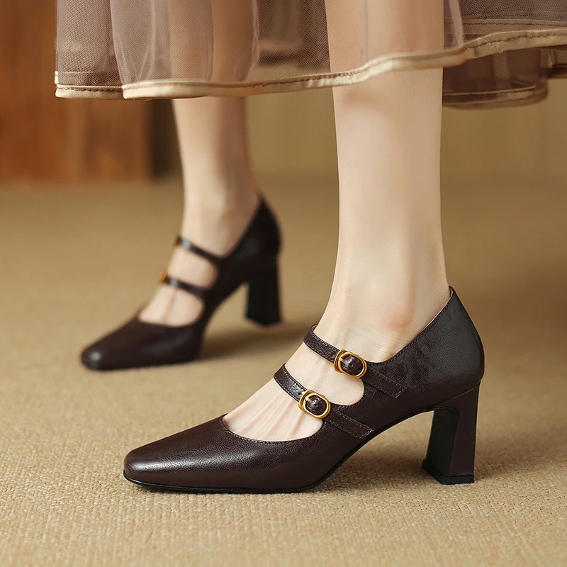

Women Mary Janes Shoes Sheepskin Leather Double Belt Buckles Chunky Heel Pumps Ladies Solid Color Casual Dress Shoes Summer New