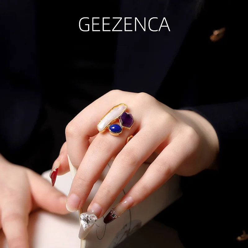 

GEEZENCA Natural Amethyst Lapis Lazuli Baroque Pearl 925 Silver Open Rings For Women Chic Luxury Big Cocktail Ring 2024 New Gift