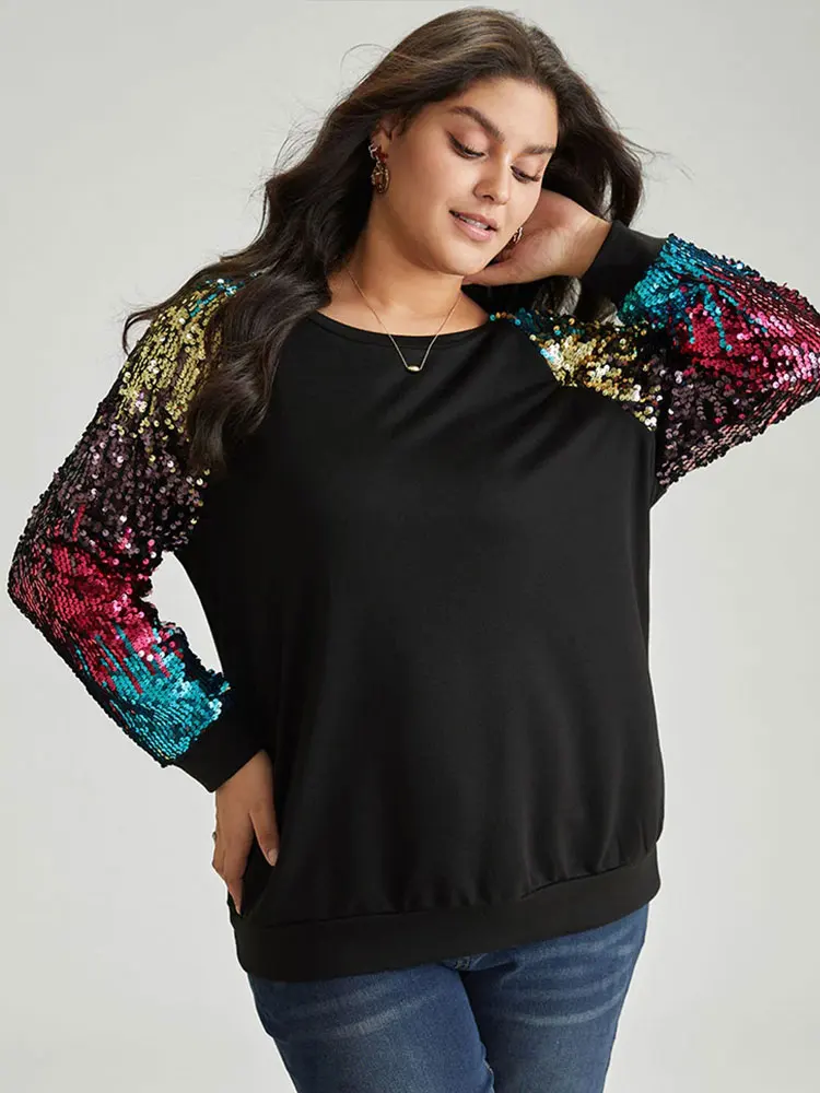 

Women Fashion Mock Neck Lantern Sleeve Sequins Colorblock Insert Blouse Splicing Long Sleeve Casual Round Neck Tops