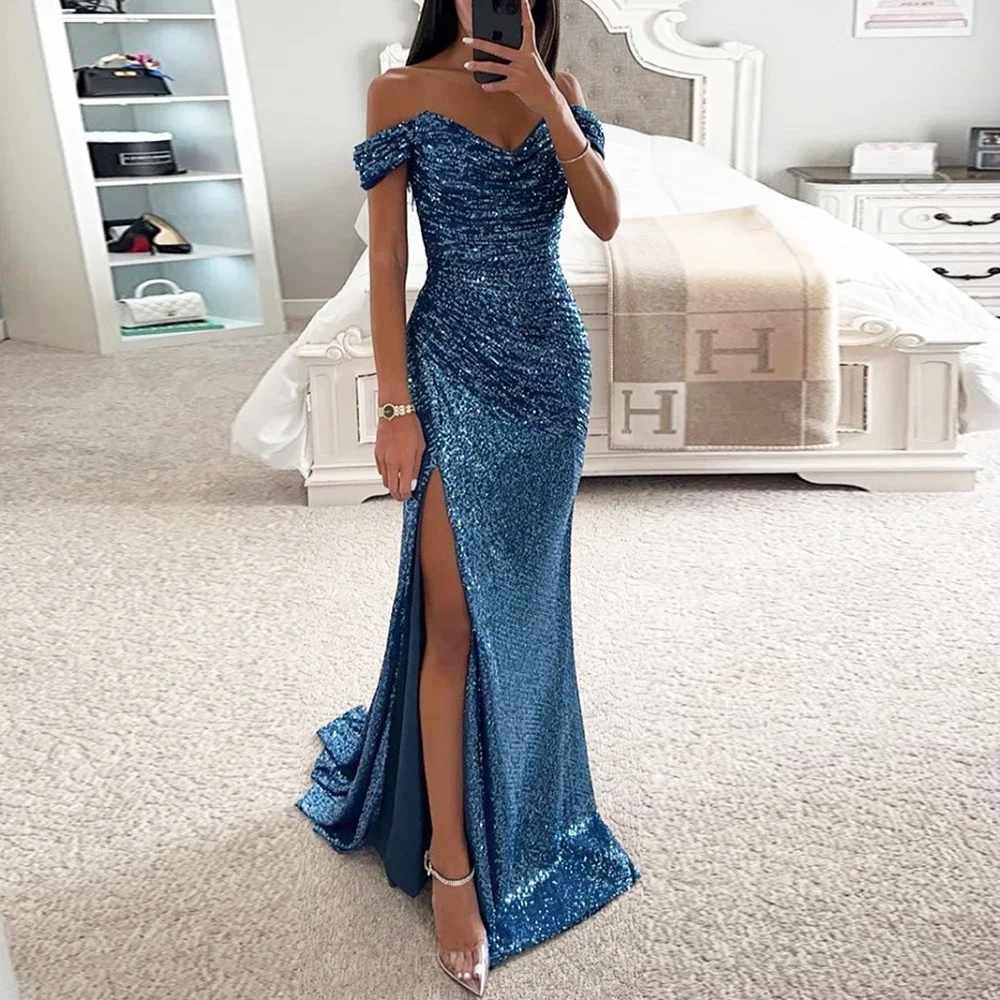 

Vintage Women Sequined V Neck Long Dress Sexy Off Shoulder High Split Evening Party Dresses Shinny Prom Dresses Robe De Soiree