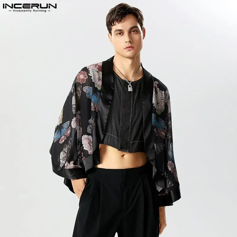 

Men Shirt Printing Patchwork Open Stitch 3/4 Sleeve Casual Men Cardigan Kimono Vintage Streetwear 2023 Irregular Shirts INCERUN