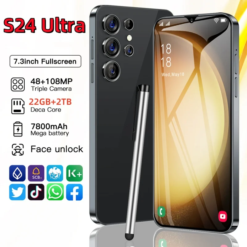 

S24 Ultra Mobile Phones 7.3 HD Screen SmartPhone Original 22GB+2T 5G Dual Sim Celulares Android Unlocked 108MP 7800mAh S23 Ultra