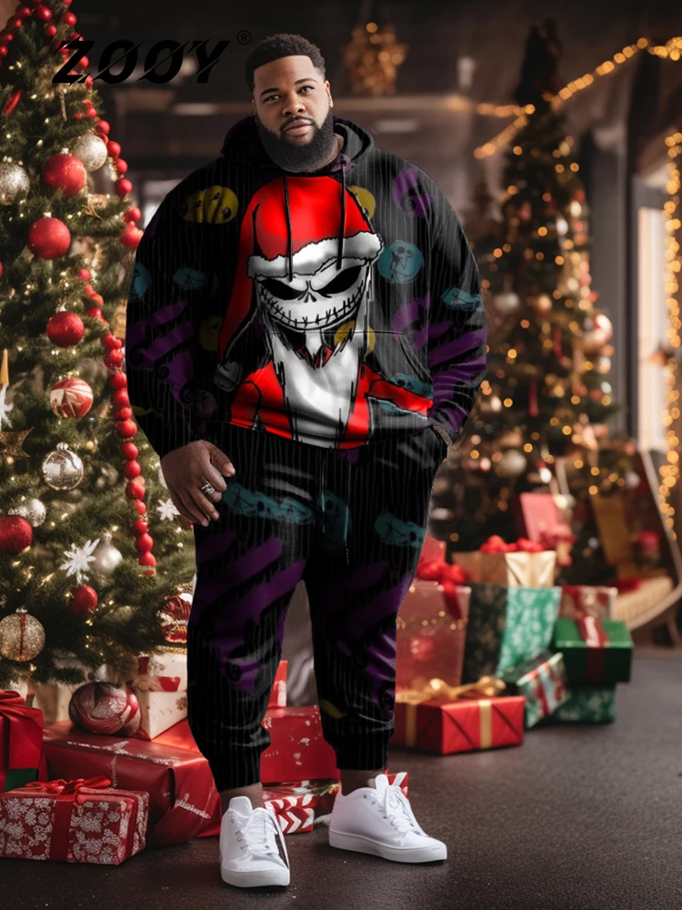 

ZOOY（L-9XL）Men's Plus Size Casual Christmas Snowman Bow Bells Snowflake Elk Hoodie Sweatpants Set