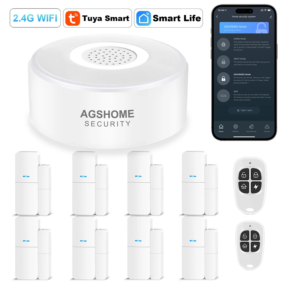 

2.4G WIFI Tuya Smart 11-Piece Kit Wireless DIY Burglar Home Alarm Security Systems 120DB Siren Compatible with Alexa Google