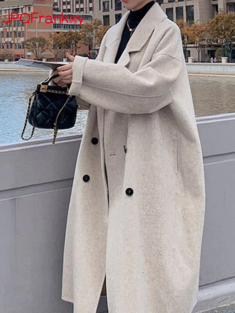 

Женское шерстяное пальто с воротником-костюмом, длинное зимнее утепленное пальто в Корейском стиле Хепберн, свободное шерстяное пальто, пальто и куртки для женщин, новинка 2023