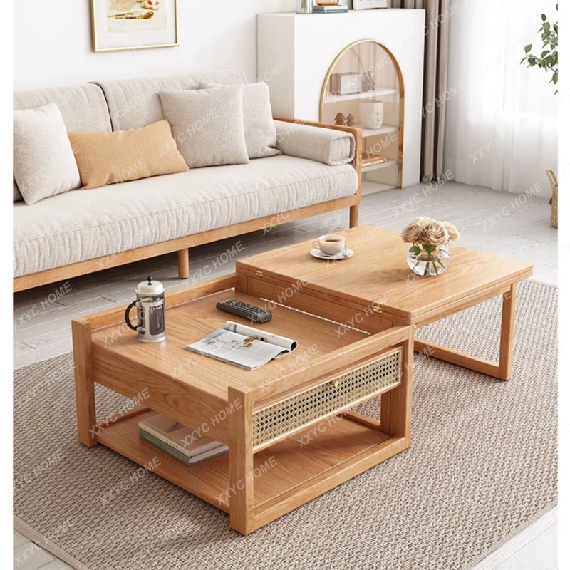 

Simple Log Style Lifting Coffee Table Integrated Small Apartment All Solid Wood Tea Table Combination