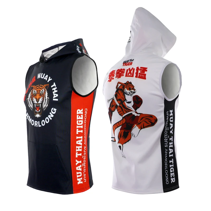 

Tiger Muay Thai Shirt with Hood Sleeveless Boxing Hoodies MMA Rashguard BJJ Jiujitsu White Black Fight Kickboxing T-Shirt Jacket