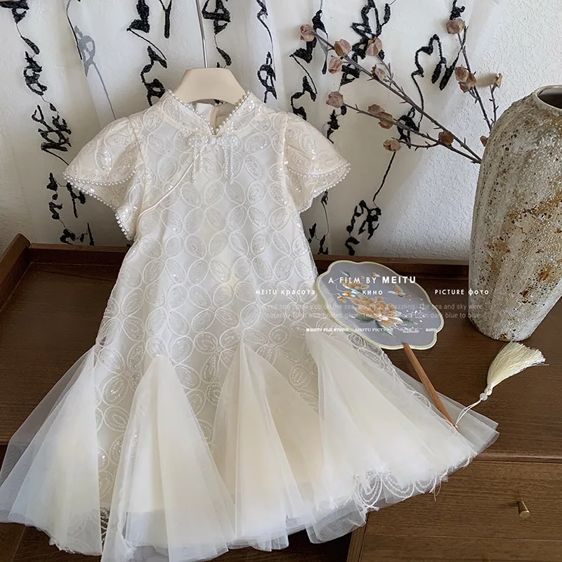 

Girl's Champagne cheongsam fishtail dress summer childrens little girl sequin Chinese style button up princess party gauze Dress